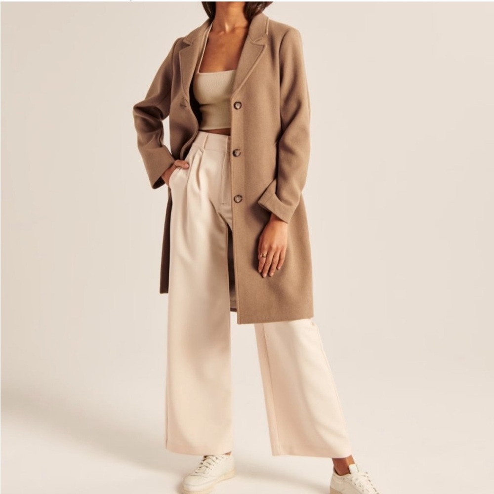 Abercrombie & Fitch A&F Wool-Blend Dad Coat Tan Camel Brown Long Classic